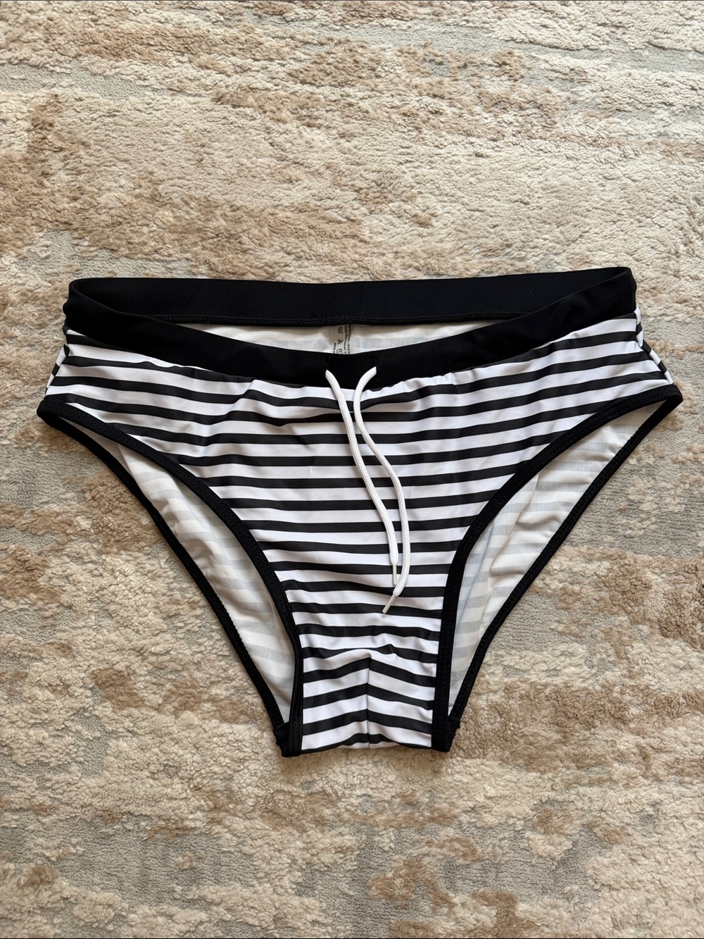 Black & White Striped Men’s Swim Brief with Drawstring - Size XL